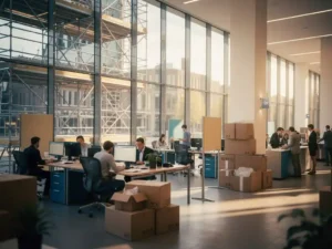 Amsterdams kantoorgebouw in uitbreiding met steigers langs glazen gevel en drukke open werkruimte vol verhuisdozen en tijdelijke balie's.