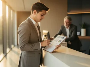 Jonge professional in zakelijke kleding bekijkt facilitair klembord bij receptiebalie in modern Amsterdams kantoor, collega op achtergrond.