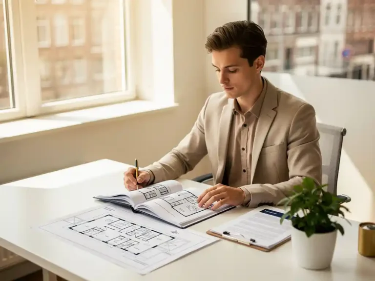 Jonge professional bestudeert facilitair beheerportfolio aan modern bureau met plattegrond, klembord en kamerplant in Amsterdam kantoor.