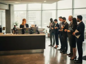 Overweldigde facilitair coördinator achter overvolle receptiebalie met stapels werkbonnen, collega's in de wachtrij, modern kantoorgebouw.