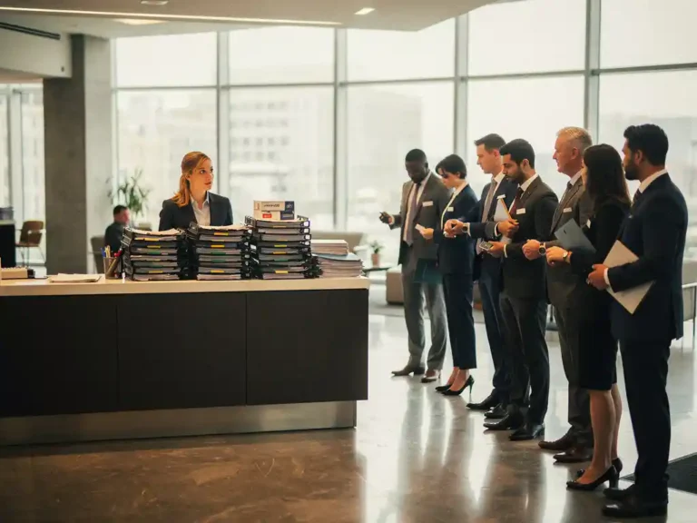 Overweldigde facilitair coördinator achter overvolle receptiebalie met stapels werkbonnen, collega's in de wachtrij, modern kantoorgebouw.