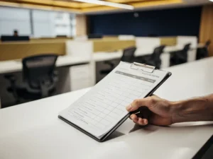Facilitair manager houdt klembord met checklists vast aan een moderne servicebalie, kantooromgeving op de achtergrond.