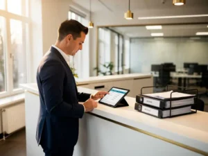 Facilitair manager bekijkt digitale checklist op tablet aan moderne receptiebalie in licht Amsterdams kantoor.