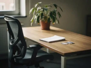 Verlaten bureau van een facilitair manager in een modern Amsterdams kantoor met lege stoel, half afgeronde checklist en toegangspassen.
