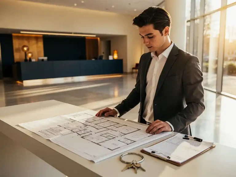 Jonge professional in zakelijk pak bestudeert bouwtekening op receptiebalie met sleutelbos en klembord, Amsterdams kantoor op achtergrond.