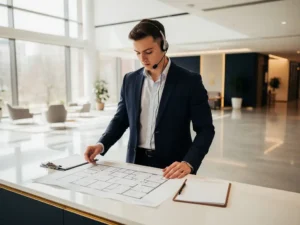 Jonge professional in smart-casual kleding bestudeert een plattegrond op een moderne receptiebalie in een lichte, open kantoorlobby.