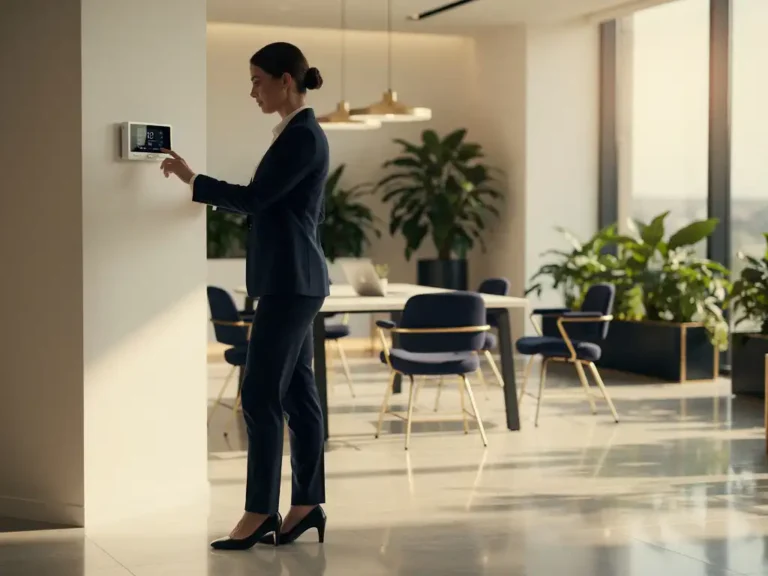 Jonge professional in zakelijk pak die een modern thermostaat bedient in een licht, open kantoor met planten en grote raampartijen.