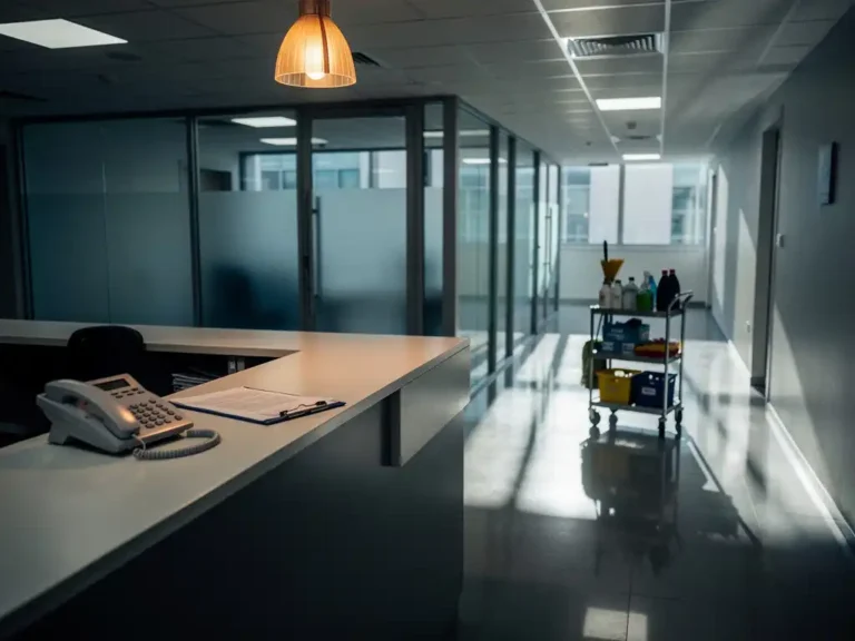 Verlaten faciliteitsbeheer kantoor met onbemande receptiebalie, achtergelaten klembord en schoonmaakkar in verlichte gang.