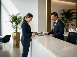 Jonge professional in zakelijke kleding bekijkt portfolio aan receptiebalie in modern Amsterdams kantoor, mentor observeert vriendelijk op de achtergrond.