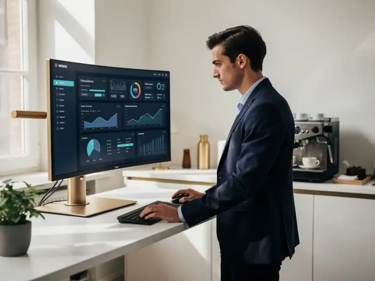 Jonge professional in zakelijke kleding bestudeert digitaal dashboard op groot scherm in modern Amsterdams kantoor.