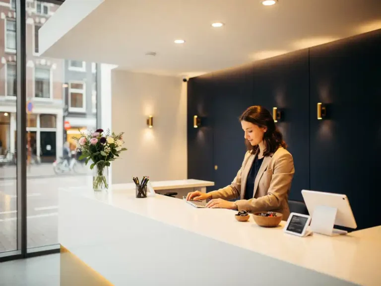 Jonge professional die verse bloemen schikt bij een moderne receptiebalie in een Amsterdams kantoor met natuurlijk licht.