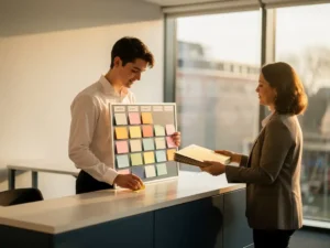 Jonge facilitair professional organiseert kleurgecodeerd takenbord aan moderne servicebalie, collega reikt mappen aan, Amsterdam kantoor met natuurlijk licht.