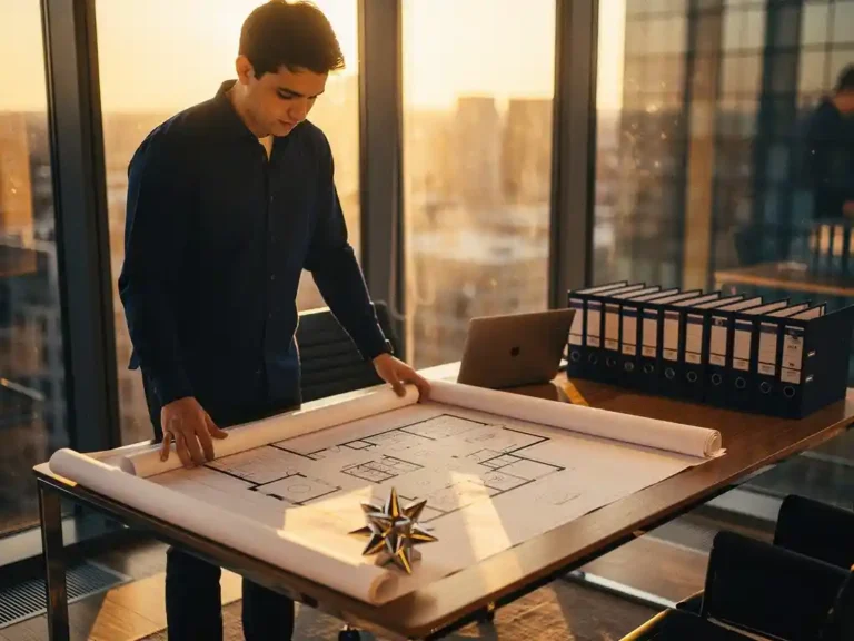 Jonge faciliteitsprofessional bestudeert uitgerold architectonisch plattegrond op modern bureau, gouden avondlicht door kantoorvensters.
